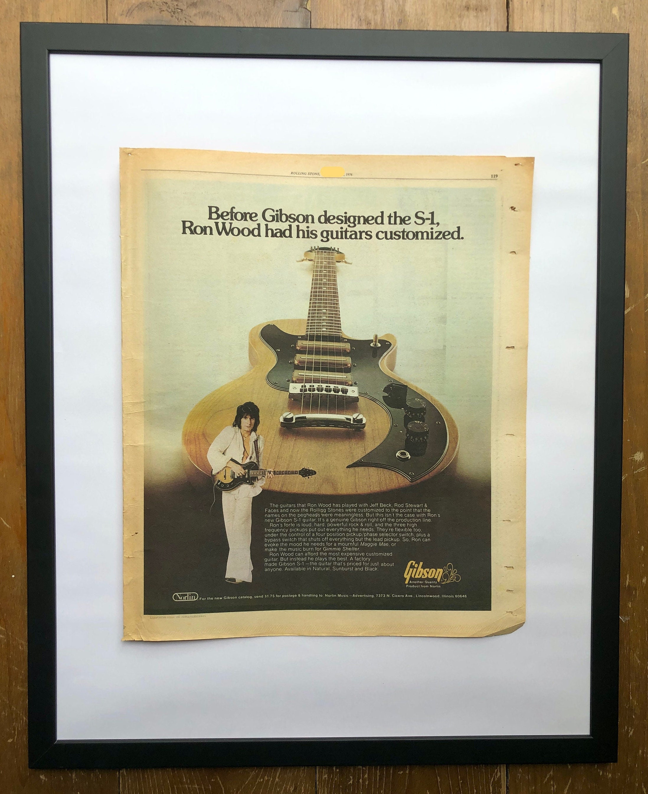希少、超レア　S-20E.G.ポスター ロニー・ウッド、ギブソンの広告。1976 年の希少でオリジナル
