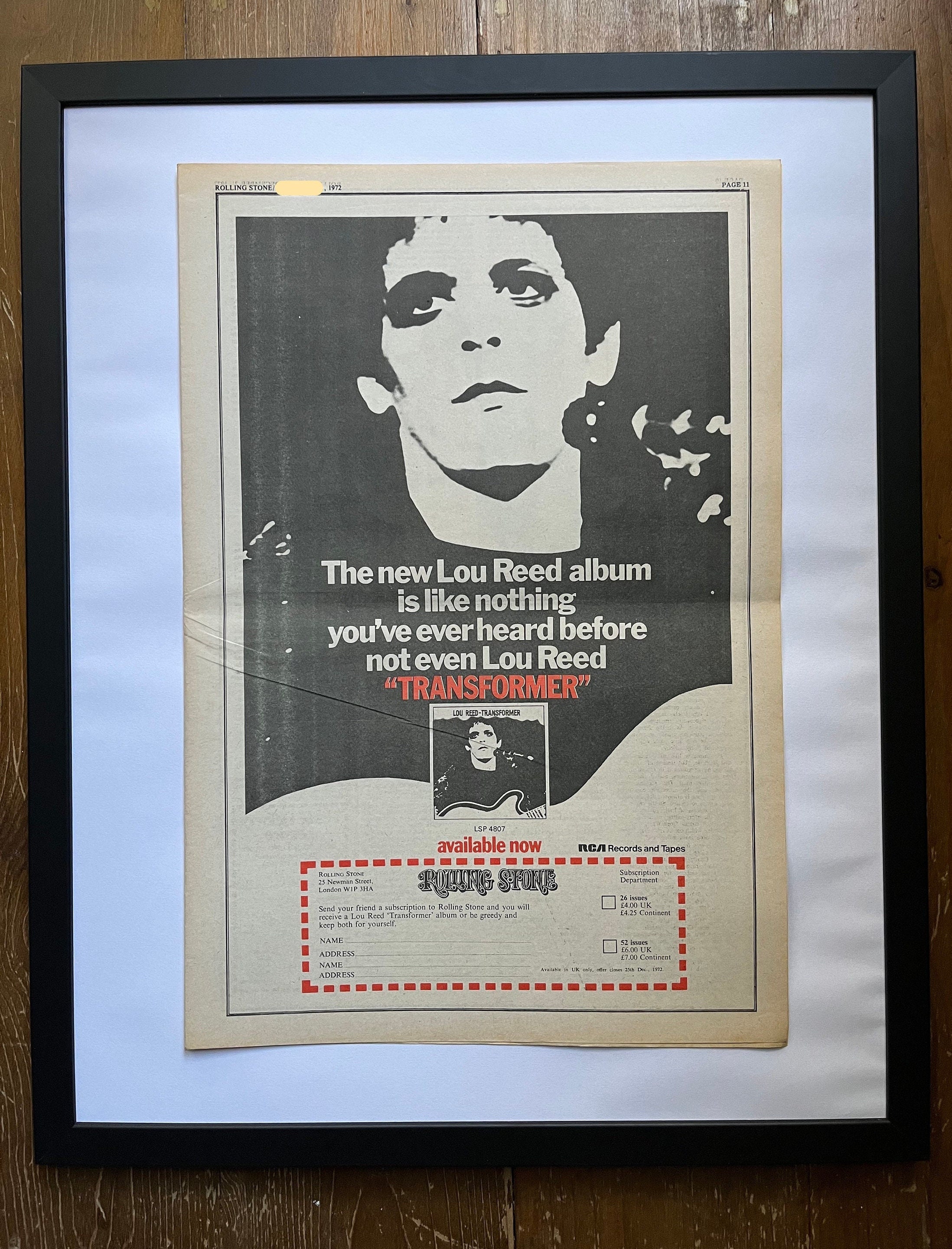 Lou Reed, Transformer. Rare, Original, Authentic, Vintage Poster