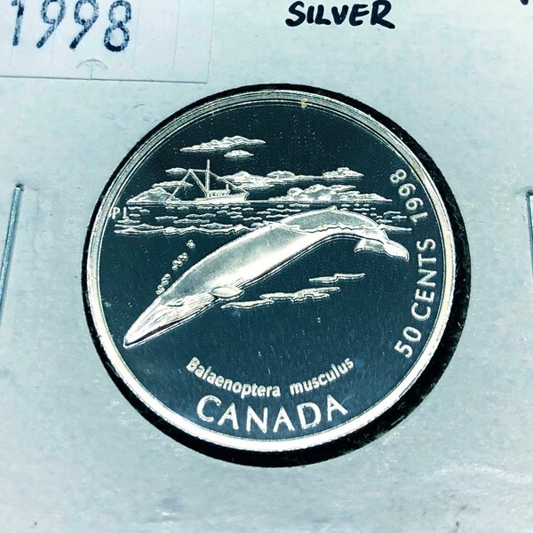 1998 Canadian Silver Proof Blue Whale 50 Cent Coin