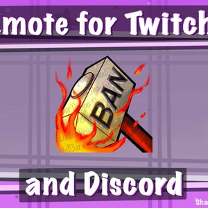 Op de afbeelding: Digitale afbeelding van een cartoonhamer met het woord "BAN" op de kop, omringd door vlammen. De afbeelding is ontworpen als een emote voor Twitch en Discord, met tekst bovenaan en onderaan.
