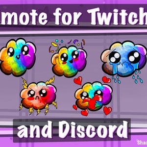 May include: Five colorful cloud emotes with different expressions, including happy, sad, angry, and in love. The emotes are designed for use on Twitch and Discord.