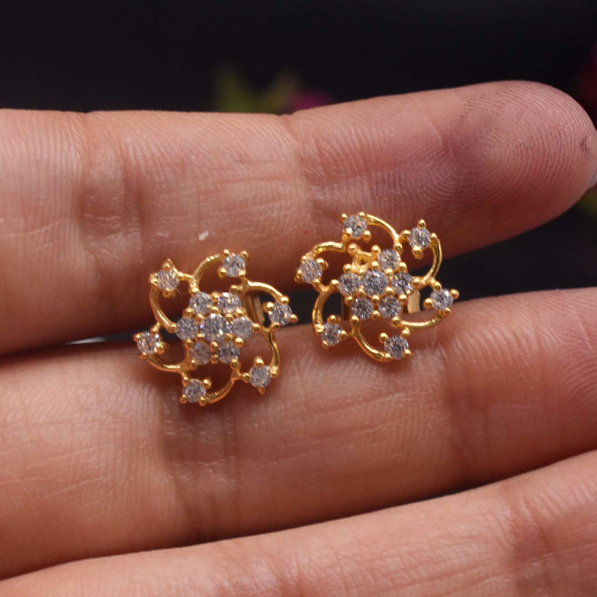 CZ Diamond Stud Earrings 14k Solid Gold Stud Earrings Woman | Etsy