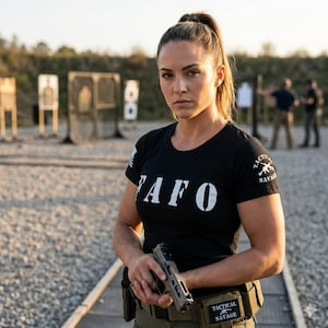 May include: A woman wearing a black t-shirt with the word "AFO" in white letters, holding a handgun. The shirt also features the text "TACTICAL SAVAGE" and a logo. She is standing on a gravel surface with targets and people in the background.
