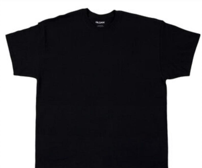 May include: A plain black crew neck t-shirt. The shirt has short sleeves and a classic, relaxed fit. The Gildan brand logo is visible on the neckline. This versatile tee is suitable for casual wear or layering.