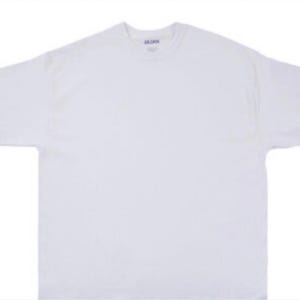 May include: A plain white t-shirt with short sleeves, laid flat. The shirt has a crew neck and appears to be made of a soft, comfortable material. The Gildan brand label is visible at the neckline.