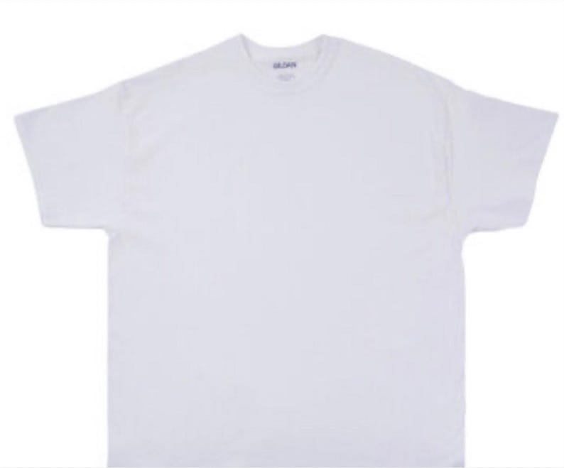 May include: A plain white t-shirt with short sleeves, laid flat. The shirt has a crew neck and appears to be made of a soft, comfortable material. The Gildan brand label is visible at the neckline.