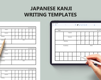 Japanese Kanji study worksheets (4 designs for writing on paper or tablets) | Fill-in the blank Kanji flashcards