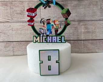 minecrafter pixel cake topper, birthday decoration