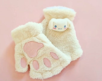 Sanrio Sinnamoroll Paw Plush Mittens, Warm Soft Plush Fingerless gloves, cute kawaii half finger gloves, women Winter Wear Christmas Gifts