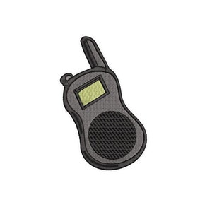 May include: A black and grey walkie talkie with a small screen and a textured speaker.