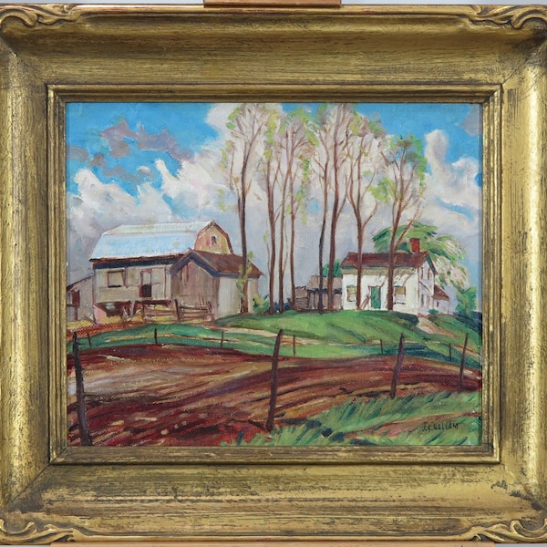 Joseph Sidney Hallam (1899-1953) RCA OSA Canadian Oil on Board Old Farm Ontario Landscape