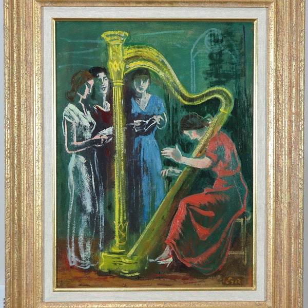 Eric Goldberg (1890-1969) Jewish-Canadian Vintage 1940's Oil on Board Harp Singing Women