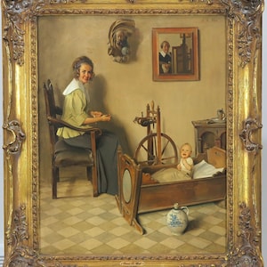 Franz Xaver Wolf (1896-1989) Austrian German Genre Scene Family Child Interior Oil on Board