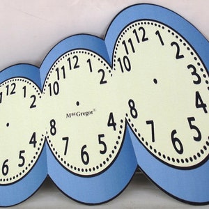 May include: A blue and white clock with three connected circular faces. Each face has black numbers 1 through 12 and a black dot in the center. The clock face in the middle has the text "MacGregor" printed on it.