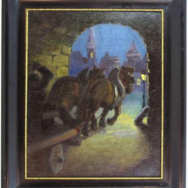 Antique Early 1900's Original Oil on Canvas Painting Horses Carriage Illegibly Signed