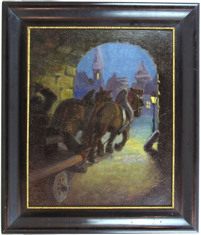 Antik Frühe 1900er Jahre Original Öl auf Leinwand Gemälde Pferde