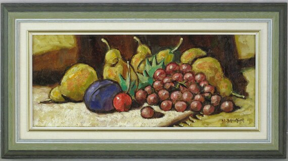 果物の静物 油彩画 緑と金のフレーム 果物の静物 油彩画 緑