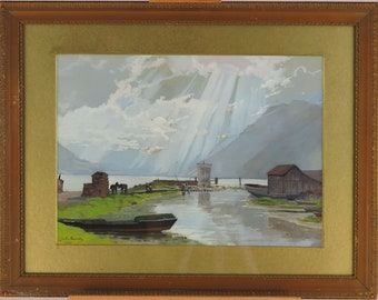 Jules Crosnier (1843-1917) Swiss Gouache View of Fjord Landscape Antique 1885