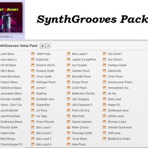 Könnte beinhalten: Bild eines SynthGrooves-Pakets mit einer SynthGrooves Voice Pack-Liste. Das Cover des Pakets zeigt eine Keyboard-Illustration mit einem lila und roten Hintergrund. Die Liste enthält verschiedene Synth-Sounds wie Juno Bass, 1986 Pads und Italo Lead 5.