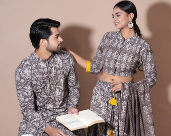Diwali Special Couple Lehenga and Kurta, Indian Couple Matching Outfits, Hand Crafted Bagru Printed Designer Top & Skirt with Mulmul Duptta