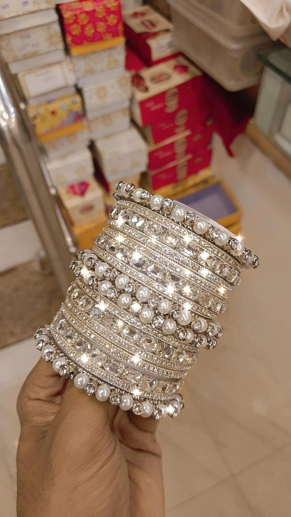Silver Pearl Moti Bangles with Stone kada with Stone bangles from 2.4 to 2.8