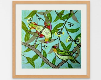 Purple Crowned Lorikeets/Lorikeets print/Lorikeets linocut/original art