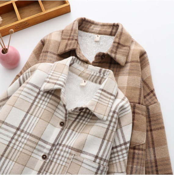 Women Plaid Shacket, Vintage Shirt Jacket Coat, Plaid Jacket