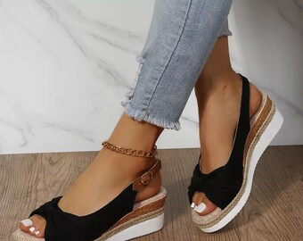 Women Buckle Peep Toe Wedges Sandals