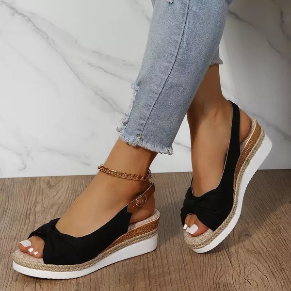 Women Buckle Peep Toe Wedges Sandals