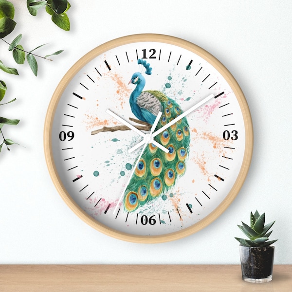 Peacock Wall Clock, Splash Paint Effect Wall Decor, Blue Green Yellow Peacock Feathers