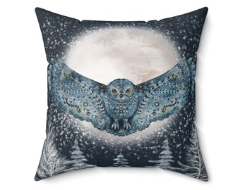 Folk Owl Pillow, Owl and Full Moon Cushion, Living Room Decorative Pillow, Home Decor