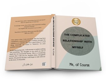 May include: An open book with a light blue and pink cover. The title of the book is "The Complicated Relationship with Myself, Me, of Course". The book cover features a green circle with the same title in black text. The book is open to a page with text about the book's contents.