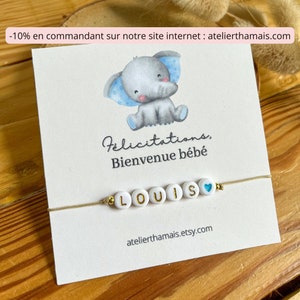 Bracelet cadeau de naissance à personnaliser / Bracelet et carte à offrir / Bracelet personnalisables avec carte bébé éléphant bleu
