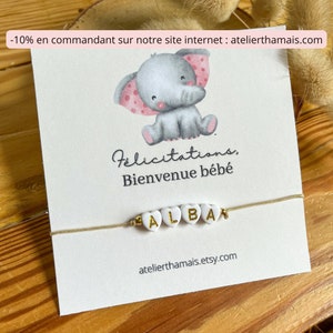 Bracelet cadeau de naissance à personnaliser / Bracelet et carte à offrir / Bracelet personnalisables avec carte bébé éléphant rose