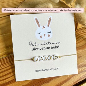 Bracelet cadeau de naissance à personnaliser / Bracelet et carte à offrir / Bracelet personnalisables avec carte bébé lapin doré
