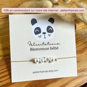 Bracelet cadeau de naissance à personnaliser / Bracelet et carte à offrir / Bracelet personnalisables avec carte bébé panda doré