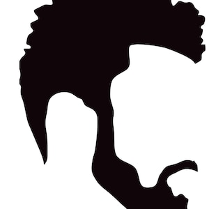 May include: Silhouette of a person with a short, curly hairstyle and a beard.