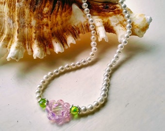 White Shell Pearl and Pink Crystal Flower Anklet, Floral Beaded Anklet