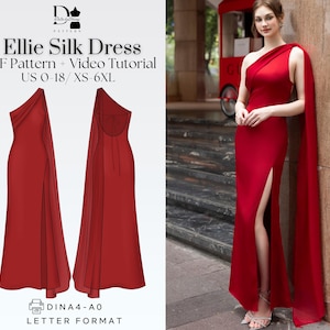 Ellie Silk One-Shoulder Maxi Dress (XS-6XL), Evening Gown Formal Dress, PDF Sewing Pattern