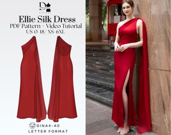 Vestido longo Ellie de seda com um ombro só (XS-6XL), vestido de noite formal, molde de costura em PDF
