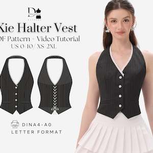 May include: A black and white striped halter vest with a white lace trim. The vest has a button closure and a tie at the back. The image also includes a printable PDF pattern for the vest.