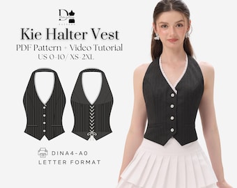 Kie Halter Vest XS-2XL, Tailored Waistcoat Top, Corset Style Vest PDF Sewing Pattern