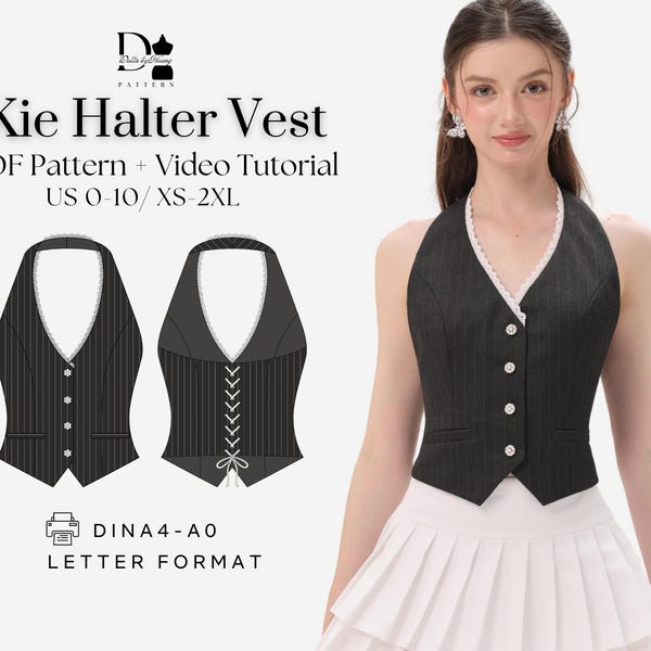 Kie Halter Vest XS-2XL, Tailored Waistcoat Top, Corset Style Vest PDF Sewing Pattern