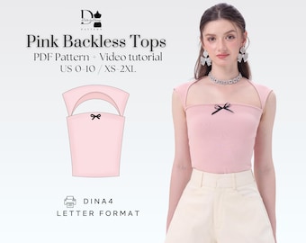 Pink Backless Top XS-2XL , Cute Fitted Tee, Coquette Y2K Top PDF Sewing Pattern
