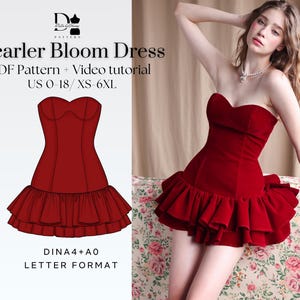 May include: A red strapless dress with a sweetheart neckline and a ruffled skirt. The image also features a dress pattern with the text "Scarler Bloom Dress" and "PDF Pattern + Video tutorial US 0-18 / XS-6XL".