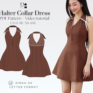 Halter Collar Mini Dress XS-6XL, Corset Style A-Line, PDF Sewing Pattern
