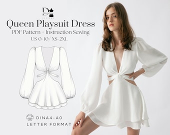 Queen Playsuit Dress XS-2XL, Twist Front Cut-Out Mini, Long Sleeve PDF Pattern, Digital download