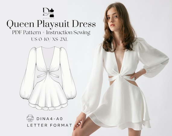 Queen Playsuit Dress XS-2XL, Twist Front Cut-out Mini, Long Sleeve PDF Pattern, Digital Download - Etsy Queen Playsuit Dress XS-2XL, Twist Front Cut-out Mini, Long Sleeve PDF Pattern, Digital Download - Etsy
