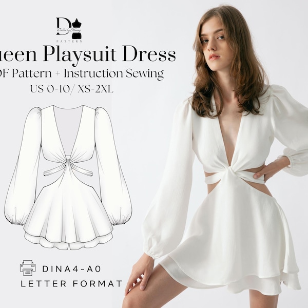 Queen Playsuit Dress XS-2XL, Twist Front Cut-Out Mini, Long Sleeve PDF Pattern, Digital download