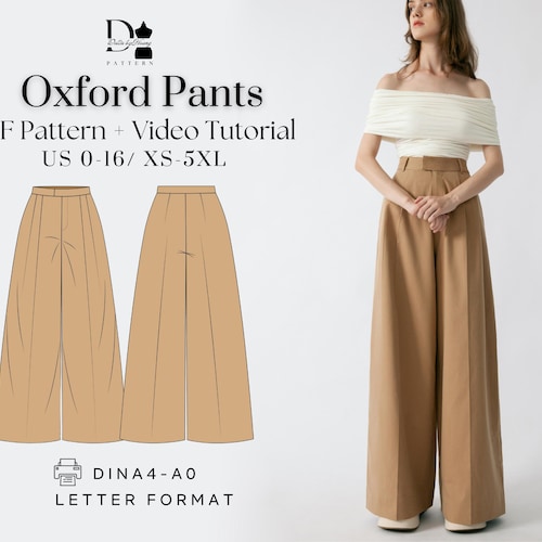 Mönster för Oxfordbyxor: Byxor med hög midja och vida ben (PDF-mönster, XS-5XL)